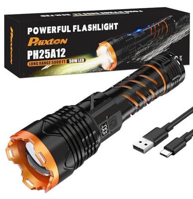 Super Bright Flashlight High Lumens 10000 Rechargeable, Powerful Strong 50W LED, Long Lasting 15 Hours, Quick USB C Charge, Improved Single Click Design 3-Mode, LCD Display & Output, for Hiking Home - $34.99 + FREE Shipping