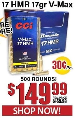 CCI 17 HMR 17 Grain V-Max 500 Round Brick - $149.99