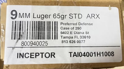 Inceptor 9mm 65 gr STD ARX Case of 250 Bulk Ammo - $95.0