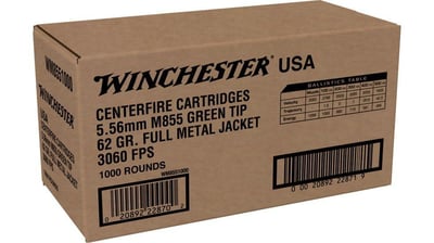 Winchester Ammo WM8551000 USA Green Tip 5.56x45mm NATO 62 gr Full Metal Jacket (FMJ) Rifle Ammo - 1000 Rounds - 129085 - $439.95 