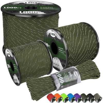 X XBEN Paracord Reflective 1000lb, 50/100/200/500/1000ft 4mm, 13 Strand Paracord Rope, Tactical Parachute Cord, Tent & Survival Bracelet, Army Green - $5.51 + FREE Shipping