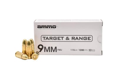 AMMO INC Target & Range 9mm 115Gr FMJ Handgun Ammo - 50 round box - $12.95 