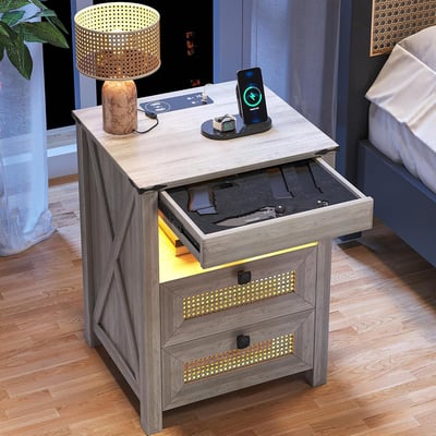 Night Stand with Gun Drawer, Charging Station & LED Light, Rustic - $109.99 (Prime Member Price)