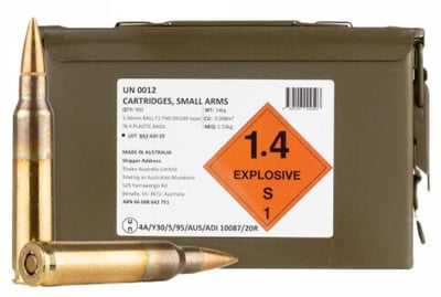 Australian Defense Ind Amo 5.56 62GR Steel Core *Loose Pack In M2A1 Can* 900 Rd - $472.99