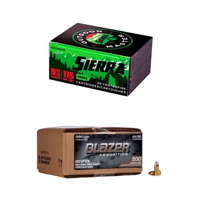 CCI Blazer Brass 9mm 115Gr FMJ 500rds & Sierra Outdoor Master 9mm 115Gr JHP 200rds - $199.9