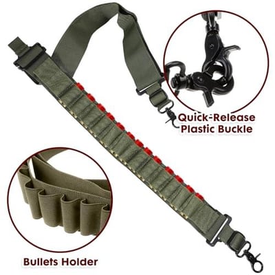 LuiceABC Shotgun and Rifle Ammo Sling Tactical Adjustable Shell Belt Holder for 12 Gauge/ 20 Gauge, Small Game Bandolier for Outdoor Sports (Holds 15 Shells), Green - $9.99 + FREE Shipping