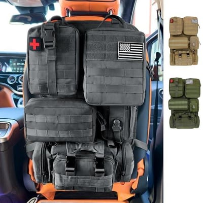 Tactical MOLLE Car Seat Back Organizer - Universal Vehicle Storage Bag with 5 Detachable MOLLE Pouches, US Flag Patch & Keychain, Fits Jeep, Truck, SUV, Car, Ford, Chevy, Toyota, Honda (Black) - $33.99 + FREE Shipping
