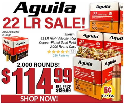 Aguila Super Extra 22 Long Rifle High Velocity 38 Grain Copper Plated Hollow Point 2000 Round Case - $114.99