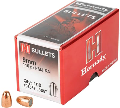 Hornady 35557 FMJ Handgun 9mm .355 115 gr Full Metal Jacket Round Nose (FMJRN) 100 Per Box - 86711 - $17.56 (FREE Shipping over $50)