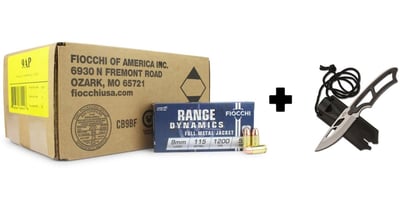 Fiocchi Range Dynamics 9mm 115 Gr FMJ 1000 Rnds Case + Knife - $219.99 