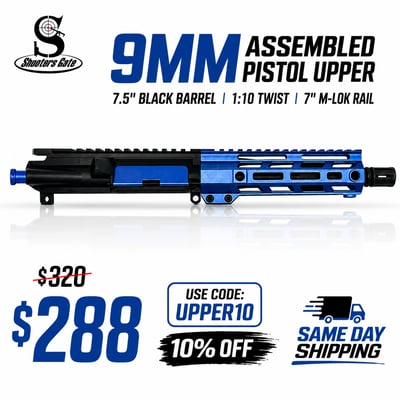 AR-15 9mm Assembled Pistol Upper, 7.5" Black Barrel, 1:10 Twist, 7" M-lok Rail - hand-guard: M-lok, color: Blue - $288 