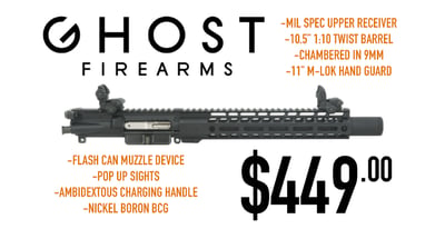 Ghost Firearms 10.5" 9mm Upper Receiver with Ambi Charging Handle, Nickel Boron BCG and Sights - $449