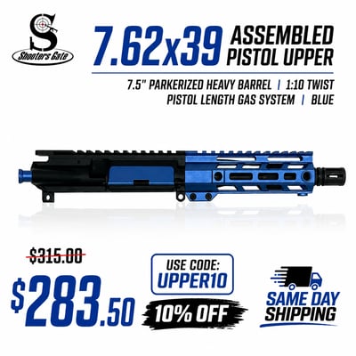AR-15 7.62x39 Assembled Pistol Upper, 7.5" Parkerized Heavy Barrel 1 10 Twist, Pistol Length Gas S, Blue - $283.5(CODE:UPPER10) 