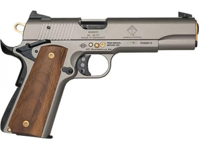 ATI GSG 1911 15th Anniversary Edition Pistol .22 LR 5" Threaded Barrel 10-Rd, SAO, Frost Gray/Gold Accents, Light Wood Grips - $309.99