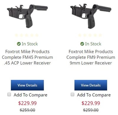 Foxtrot Mike Products Complete FM9 Premium Lower Receiver 9mm or .45 ACP - $229.99
