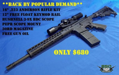 *Preorder* SPARTAN 16" .223 Rifle Kit with 12" Keymod Rail on an M4 Lower with Bushnell AR Optics 3-9x BDC Scope - $680