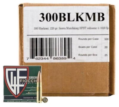 Fiocchi Extrema 300 Blackout 220 gr Sierra MatchKing Boat-Tail Hollow Point (BTHP) Subsonic Ammunition 500rd Case - $448.88 + Free Shipping 
