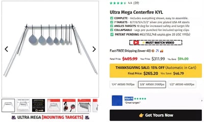 Centerfire KYL Target 3/8" AR500 Retail $405.99 Now $280.80 Save $125 (Auto Discount In Cart) + Free Shipping (USA) +3 Free Mini Gongs