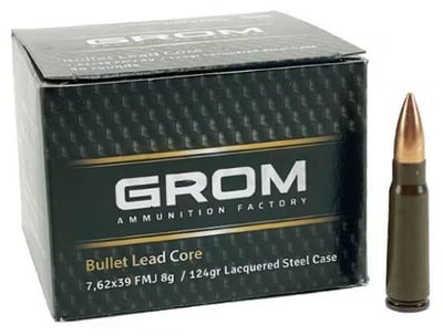 Grom Ammunition Factory, 7.62x39 124 GR Full Metal Jacket, Lacquer Coated, Steel Case, Lead Projectile, Corrosive - 1000 Round Case - Made In Poland - $430 