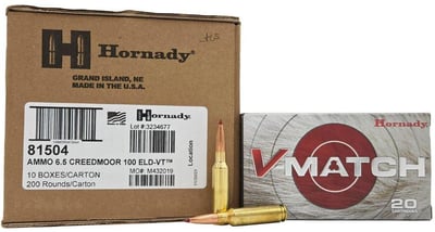 Hornady V-Match 6.5 Creedmoor, 100gr ELD-VT, 200 rd CASE - $299.99 + Free Shipping