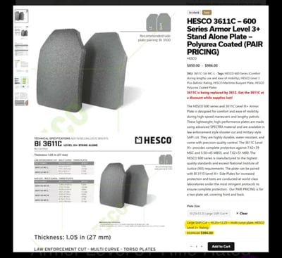Hesco 3611C - 600 Series Armor Level 3+ Rifle Rated xTWO plates SAPI CUT - $300 