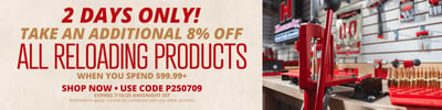 Get 8% off Reloading Purchases over $99.99 with coupon code "P250710" @ Natchez Shooting & Outdoors