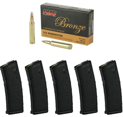 *Bundle* Magpul PMAG GEN 2 MOE AR-15 30 Round Magazine (5 Pack) & 100 Rounds of PMC Bronze .223 Remington FMJ 55gr Ammo - $89.99