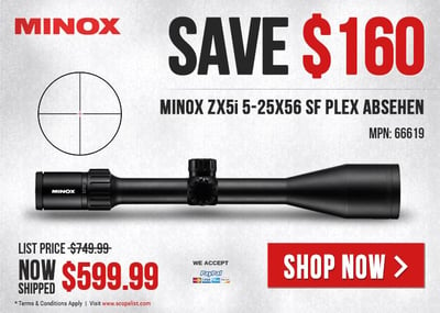 Minox ZX5i 5-25x56 SF Plex Absehen 66619 Now With Savings Of $150 + Free Shipping - Shop Now! - $599.99
