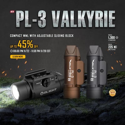 PL-3 Valkyrie Rail Mount Light Black / Tan / Gunmetal Grey 1,300 lumens max throw of 225m - $71.99 w/code "GUNDEALS" (Free S/H over $49)