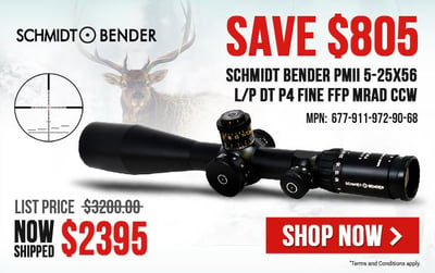 SAVE $805 on Schmidt Bender PMII 5-25x56 Riflescope 677-911-972-90-68 - Enjoy FREE SHIPPING - HURRY!