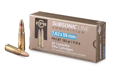 PPU Subsonic Line, 7.62x39mm, FMJBT, 182 Grain, 20 Rounds - $13.29 (Buyer’s Club price shown - all club orders over $49 ship FREE)
