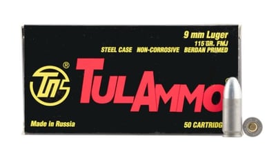 TulAmmo 9mm 115 Gr FMJ Range and Practice Steel Case 50rd Box - $13.98 