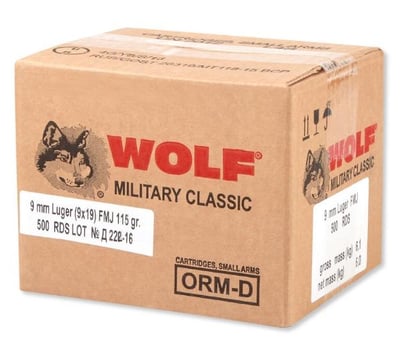 Wolf Military Classic 9mm 115 Grain FMJ Steel Cased Bi-Metal Jacket 500 Rounds - $199.89