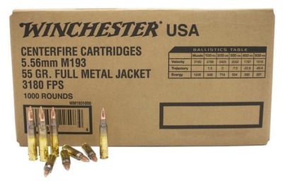 Winchester USA 5.56x45 (5.56 NATO) Ammo 55 grain M193 FMJ Case of 1000 Rounds Bulk - $599