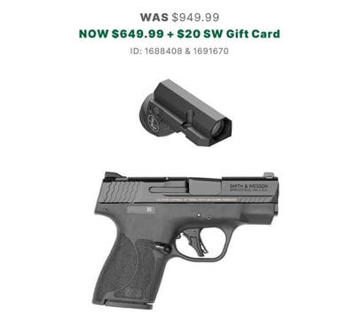 Smith & Wesson M&P Shield Plus 9mm + Leupold DeltaPoint Micro 3 MOA Red Dot - $649.98 + $20 Gift Card  (Free S/H over $49)