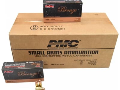 PMC 9A Bronze Target 9mm 115 GR FMJ, Brass Cased, Boxer Primed, Reloadable 1000 Round Case - $259