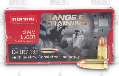 Norma Range and Training Ammo 9mm 124 Grain FMJ 50 Rounds - $11.99