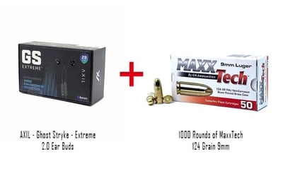 MaxxTech 9mm 124 Grain FMJ 1000 Rounds with AXIL Ghost Stryke Extreme 2.0 Ear Buds Black - $349.99 + Free Shipping 
