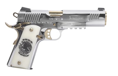 Girsan 391055 MC1911 S Liberador II 38 Super 9+1 5" Gold Plated PVD SS Barrel, Polished Serrated Stainless Steel Slide, Chrome w/Gold Accents Stainless Steel Frame w/Beavertail & Picatinny Rail, Pearl Engraved w/Mexican Coat Of Arms Grip - $839