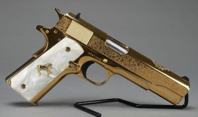SALE Cnc Firearms CNCELRANCH Colt 1911 El Ranchero 38 Super 7+1 5" SS Barrel 24K Gold Plated Serrated With Engraved Scrollwork Slide 24K Gold Plated Steel Frame Mother of Pearl Grip -FINANCE, No Sales Tax, NO CC fees, Flat/Fast Shipping-$2895 - $2745