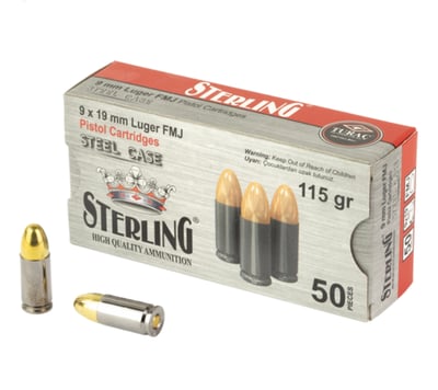 Sterling 8698779957674 9mm Luger 115gr Full Metal Jacket 50 rounds Ammo for all lower 48 states including WA, MA, CT, NJ, IL, NY & CA Buyers - $8.97