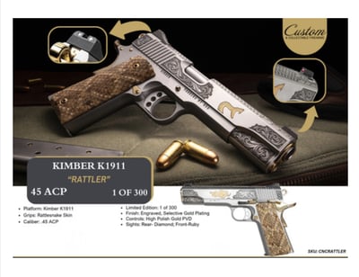 Kimber, CNC Firearms Rattlesnake Limited Edition 1911, 45 ACP with 5" Barrel, Hand Engraving, Gold Inlays, Custom Snake Skin Grips. ONLY 300 PRODUCED!! - $2699