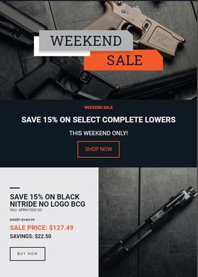 Save 15% on Select Complete Lowers & Black Nitride BCG - THIS WEEKEND!  (Free Shipping over $100)