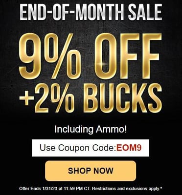 End of Month Sale - 9% Off + 2% OP Bucks Back, Including Ammo w/Code "EOM9" (Free Shipping over $49)