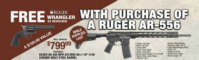 Ruger AR-556 MPR 223Rem 30Rnd 18" 4140 Chrome-Moly Steel Barrel - $799.99 + FREE Ruger Wrangler 22LR Revolver  (Free Shipping over $99, $10 Flat Rate under $99)