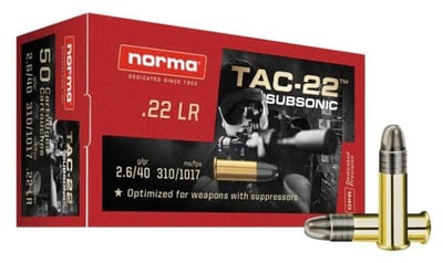 Norma Tac-22 Subsonic .22 Long Rifle 40 Grain LRN Rimfire Ammo 50 rounds - $5.99 (Free Shipping over $50)