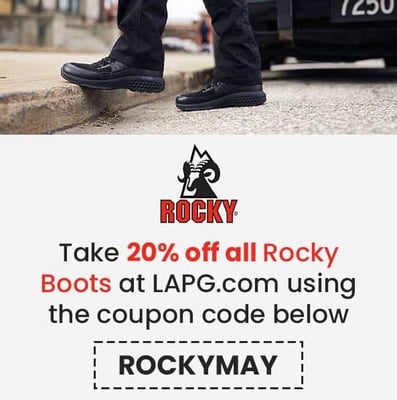 20% off all Rocky Boots w/Code "ROCKYMAY" ($4.99 S/H over $125)