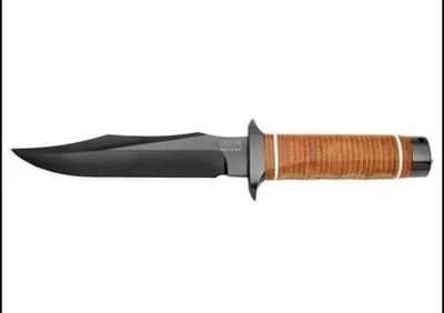 SOG Super Bowie Fixed Blade Knife 7.5" Clip Point AUS-8 Titanium Nitride Blade Stacked Leather Handle Brown - $149.95 