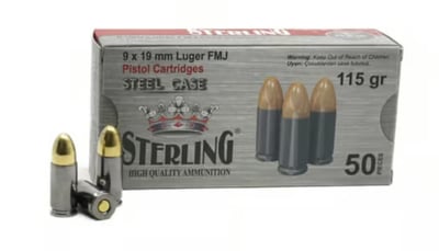 Sterling 9mm 115 Grain FMJ Steel Case 1000 rounds - $214.99
