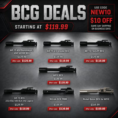 AR-15 & AR-10 BCG Deals – 5.56/.223, 9mm, 6.5 Grendel, 7.62x39, .450 Bushmaster/.458 SOCOM – From $119.99 w/ Code NEW10 Same-Day Shipping